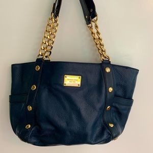 Michael Kors Navy Leather Handbag Gold Accents